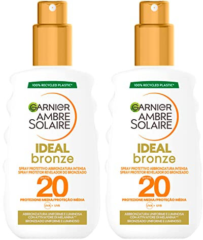 Garnier Ambre Solaire Ideal Bronze Sonnenspray Gesichtsschutz Körper SPF 20 Medium Schutz gegen UVA UVB Formel Waterproof mit Melanin-Aktivator für intensive Bräunung - 2 Flaschen à 200 ml