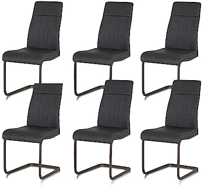 KHG 6er-Set Esszimmerstühle Schwingstuhl Polsterstuhl Küchenstuhl | Kunstleder anthrazit, Designstuhl Sitzhöhe 48 cm, Freischwinger mit Griff, LED, für Esszimmer und Wohnbereich