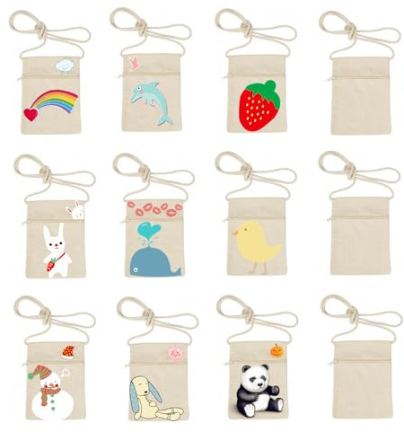 12 Stück Stoffbeutel zum Bemalen für Kinder, Stofftaschen zum Bemalen 18 x 12 cm Beutel zum Bemalen, Kleine Schultertaschen aus Stoff für Kinder Brustbeutel für Party, Schule, Geschenk