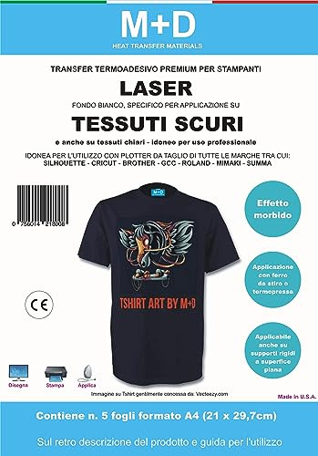 M+D Transfer Termoadesivo Per Tessuti Scuri - Stampabile con Stampanti Laser - Trasferimento a Caldo Compatibile con Silhouette Cameo Brother Scanncut Cricut Maker (conf. da 5 fogli form. A4)