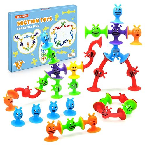 ECHOCUBE Saugspielzeug, 28 Stück Silikon Saugnapf Badespielzeug für Kinder ab 3 Jahren, sensorisches Saugspielzeug, Stressabbau-Spielzeug, Reisespielzeug für Kinder und Erwachsene