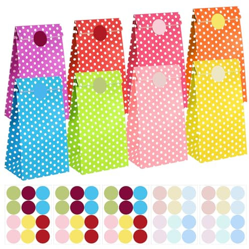 50 Stück Geschenktüten Kindergeburtstag Klein, Papiertüten Klein mit Aufkleber Kraftpapier Tüten Süßigkeitentüten Mitgebseltüten für Geburtstag Party Hochzeit (9x18x5.5cm, Punkt)
