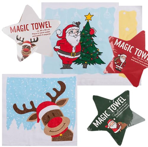 KAMACA 6er Set Magische Handtücher Zauberhandtuch Baumwoll-Handtücher Adventskalender Füllung Mitgebsel Party Nikolaus - Überraschung & Weihnachts-Mitbringsel Waschlappen (6er Set Weihnachten)