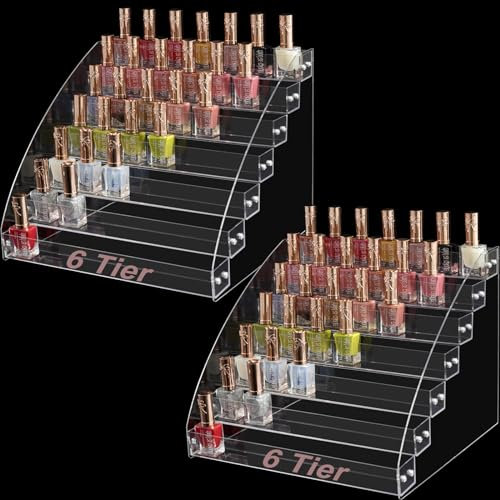 MOUYAT 2 Pack 6 Tiers Acrylic Nail Polish Organiser, Hold 144 Bottles Total Clear Nail Polish Display Rack Stand Holder, Nail Varnish Storage Showing Shelf for Gel Polish, Paint, Lipstick, Cosmetic