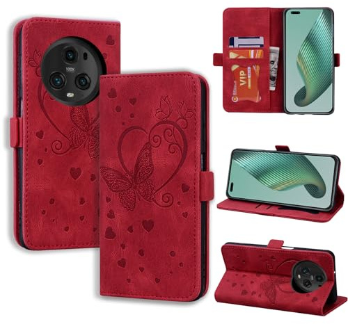 CASAFUNY Funda para Honor Magic5 Pro/Honor Magic 5 Pro Libro de Cuero PU Premium Magnético Tarjetero y Suporte, Honor Magic5 Pro Cover Protectora Carcasa para Honor Magic 5 Pro, Rojo