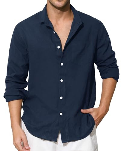 Enlision Mens Navy Blue Linen Shirts Long Sleeve Shirt Casual Cotton Henley Shirts Button-Down Beach Summer Shirt Solid Color with Pocket M