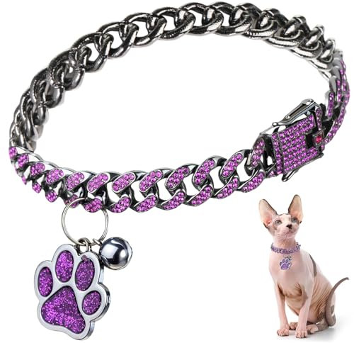 Hillban Katzenhalsband, Diamantkette, Glitzer-Halsband, Metall mit sicherer Schnalle, Katzen-Haustier-Halskette mit Pfoten-Anhänger und ID-Tag, Glöckchenglied, kubanisches Schmuckzubehör (20,3 cm,