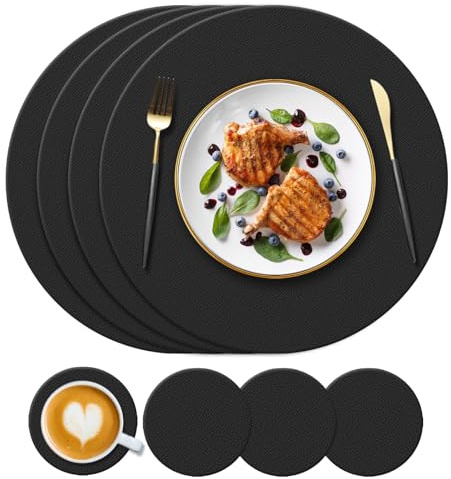 KERYCHIN Runde Silikon-Tischsets (34 cm) und Untersetzer (10 cm) 4er-Set, hitzebeständig 230 °C, rutschfest und waschbar, Tischmatten für Restaurant, Hotel, Küche, Glas-Esstisch, Schwarz