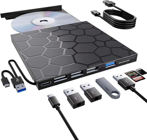 VAIYI External CD/DVD Drive for Laptop, Portable DVD Player for Laptop, 8 in 1 USB 3.0 CD/DVD-ROM +/-RW CD Burner,cd Drive External USB cd Reader Compatible with Desktop Mac,Windows 11/10/8/7 Linux