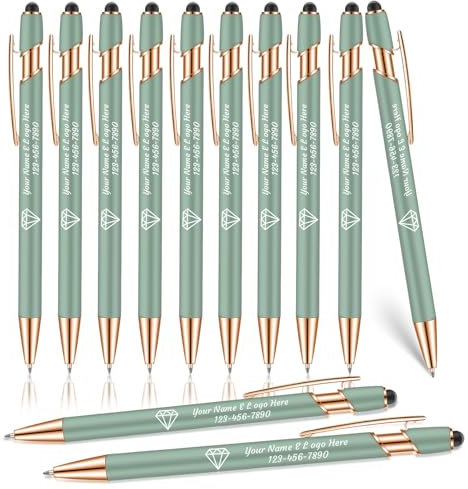 OXYEFEI Rosegold Kugelschreiber mit Gravur, 10Farben mit Personalisierte Stifte Hochwertig Metall Touchpen mit Text Muster oder Logo für Touchscreens 12 Stück(Grün)