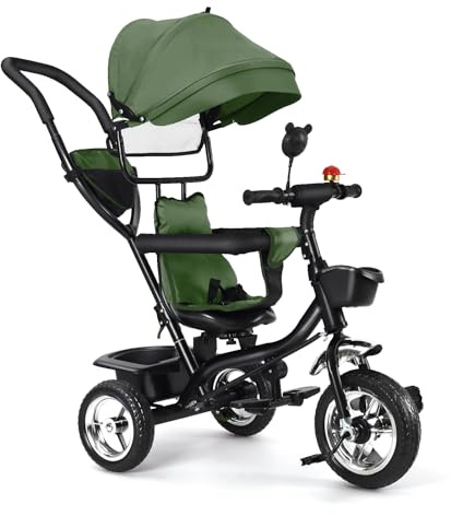 OHMG Dreirad 5 in1 Kinderdreirad mit Schubstange Lenksystem Stange ab 1 Jahr,Kinderdreirad drehbarer Sitz,Korb Tasche Getränkehalter Sonnendach Gummiräder Buggy Fahrrad Baby Klappbar ﻿ (grün)