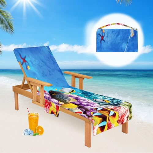Oemmn Ozean Housse de protection pour chaise longue de jardin en microfibre à séchage rapide Serviette de plage en éponge Coussin pour chaise longue de jardin Serviette avec 2 poches