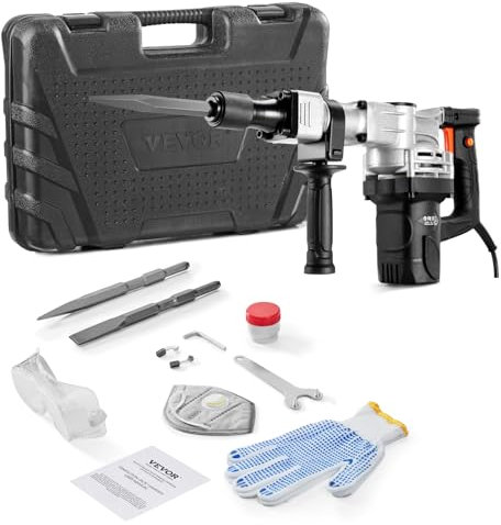 VEVOR - Electric Demolition Hammer, 1400 W, 2900 BPM, 19 J, 2 Chisel Tips, Case, Gloves, 110 V