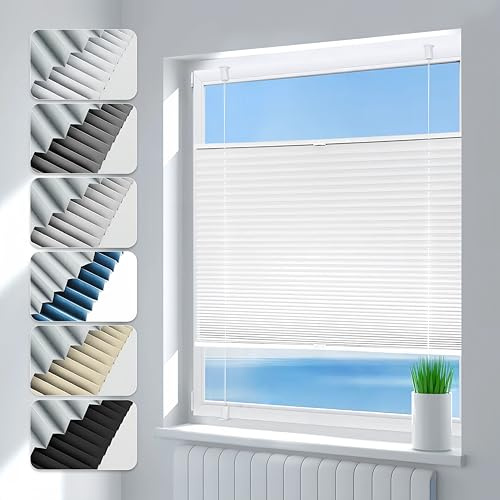 Deswell Plissee ohne Bohren Verdunkelung Klemmfix Verdunklungsplissee B85 x H140 cm Weiß, 100% Blickdicht lichtundurchlässig Thermo Plissee Faltrollo Sichtschutz Sonnenschutz für Fenster Tür