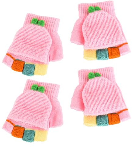 2 Paires de Gants pour Enfants en Tricot d'hiver, Gants Sans Doigts pour Enfants, Mitaines Demi Doigts Pour Enfants, Gants à Rabat avec Bouton pour Garçons et Filles de 3 à 8 Ans (Rose)