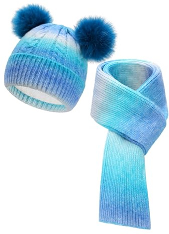 SERENYOU Winter Mütze Schal Set für Kinder Jungen Mädchen Doppel Pom Pom Mütze mit gestricktem Schal 2 in 1 Warmes Set Alter 3-10