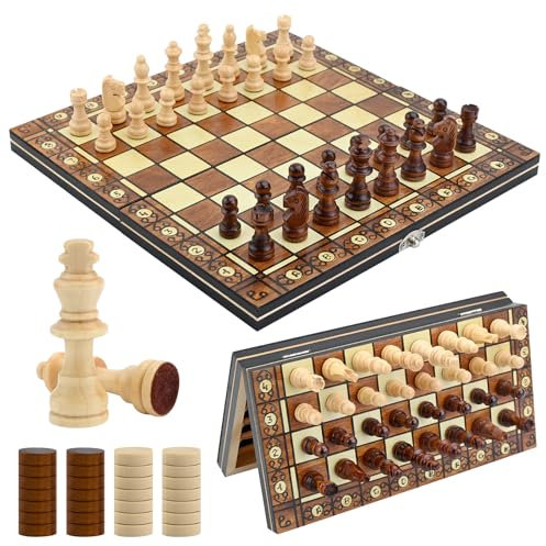 3 IN 1 Magnetic Chess Set Draughts Board Games Backgammon - 12 Wooden Portable Foldable Travel Chess Board Game Set with Pieces & Storage Slots - Strategy Games Gifts
