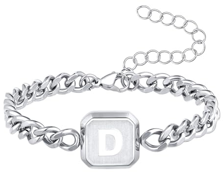 Stainless Steel Cuban Link Chain Black Gold Silver Mens Initial Bracelets | Squre A-Z Letter Mens Bracelet Adjustable Chain Men Hip Hop Jewellery Gifts for Husband Dad Brother Son Grandson Teen