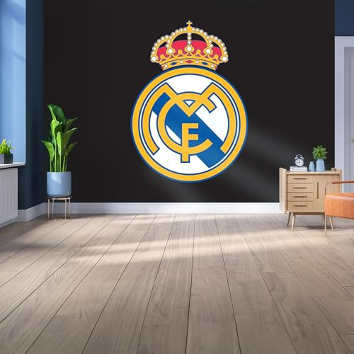 Mural de pared de vinilo con licencia del Real Madrid, pequeño (110 cm de alto x 80 cm de alto), escudo a todo color en la marca negra