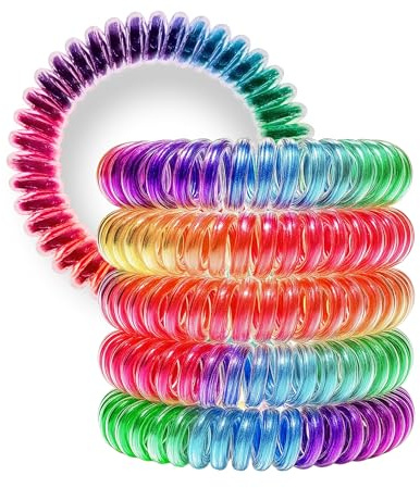 Specora-Classic Spiral Haargummi Regenbogen Bunt – 5 cm – 5er Pack – TPU – Telefonkabel Zopfgummi – Ohne Ziepen & Verheddern – Keine Knicke – Haarschonend