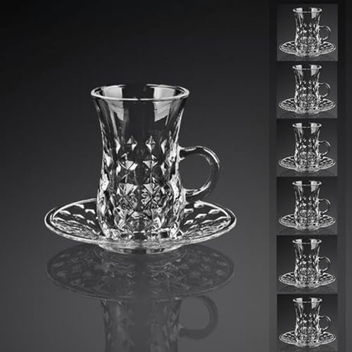 Ensemble de verres, tasses et soucoupes en cristal turc, verres transparents avec poignée, verrerie vintage, verres à boire et plateau pour café et thé, décoration de cuisine (Style A, 6pcs)