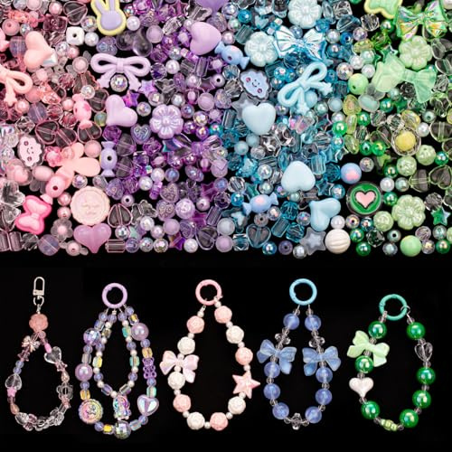 GUJOXILA Acrylperlen Charms Kawaii 4 Farben Perlen zum Auffädeln | mit Blumen Schleifen Süßigkeiten Herz Blumen Armbänder Selber Machen für Anhänger Halsketten Handy Kette Beads Charms
