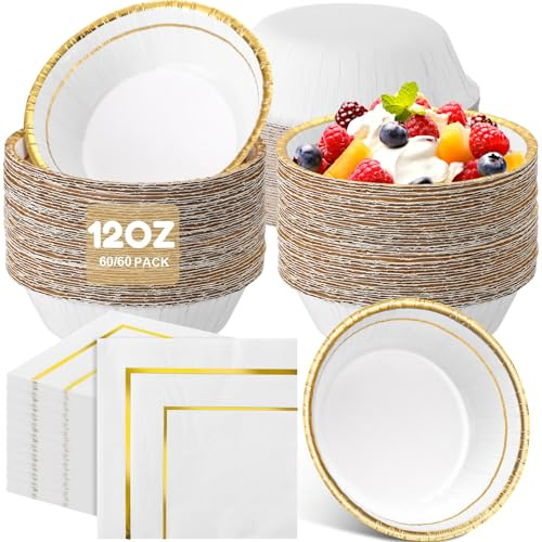 Newtay 120 Pcs 12 oz Paper Bowls with Gold Rim and White Napkin with Gold Rim Disposable Paper Tureen Bulk Party Decor for Weddings Parties Dinners Baby Shower Birthday Supply