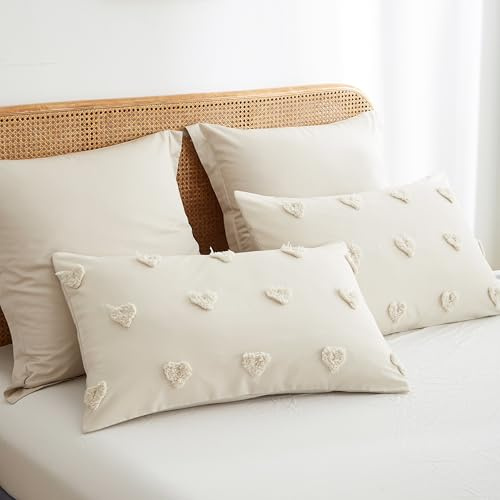 Freyamy Boho Kissenbezug 40x80 2er Set Beige Getuftet Herz Kopfkissenbezug | Stickerei Shabby Chic Kissenbezüge Aesthetic, Böhmen Kissenhülle, Microfaser ÖKO-TEX Kissenbezug mit Reißverschluss