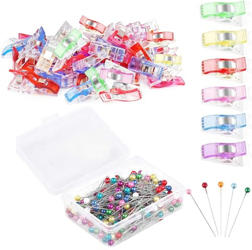 UCLEVER 50 Stück Nähklammern Stoffklammern, 100 Stück Stecknadeln mit Kopf Glaskopfnadeln,Edelstahl Stecknadeln Mehrfarbig Nähzubehör Multifunktionale Nähklammern, Nähclips DIY-Klammern zum Nähen (50)