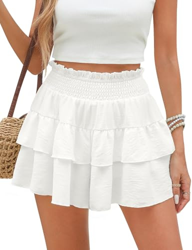 heekpek Pantalones Cortos Mujer Verano Ligeros Fluido Shorts Mujer Sueltos Cintura Alta Elástica Casual Falda Pantalon Playa Comodo Fresco Short con Forro, Beige, L