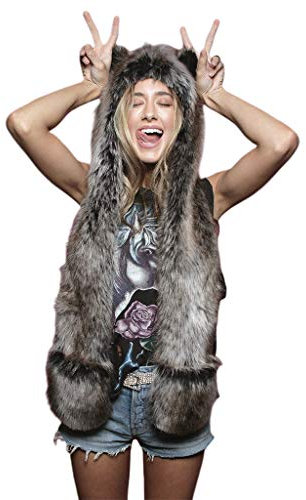 Yjcnelcr 3 In 1 Damen Herren Flauschiges Plüschtier Wolf Leopard Kapuzenschal Mütze mit Pfoten Fäustlinge Handschuhe Dicke