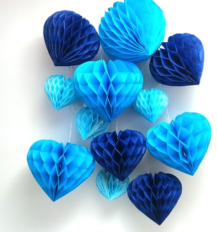 YLY's love Herzförmige Papier Wabenball Dekoration 12er Honeycomb Balls zum Aufhängen Seidenpapier schöne Dekor für Geburtstag Hochzeitsfest Babyshower Party Brautduschen (Blau Set)