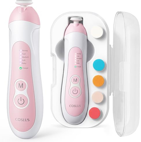 COSLUS C52 Rechargeable Baby Nail File: Cordless Baby Nail File Electric, Baby Nail Clipper with 5 Speeds & 6 Grinding Heads for Baby Kid, CPC Certified & Quiet Design - Safe for Sleep Trim - Pink