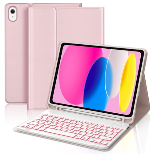 WAVATA Clavier pour iPad 10e Génération et iPad 11 Ème Generation A16 avec Rétroéclairage, (10.9 2022/11 Pouces 2025), Étui Keyboard Bluetooth Magnétique Détachable AZERTY Français, Rose