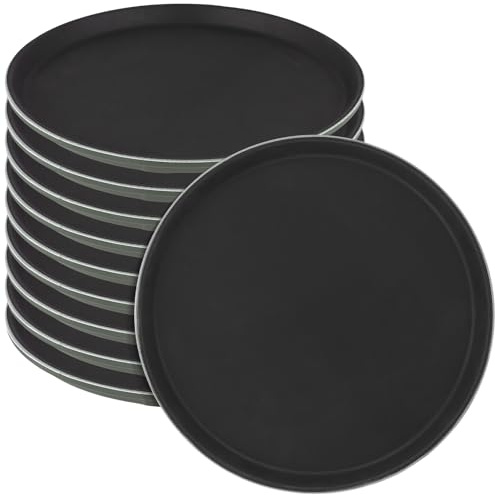 NINGWAAN 10 PCS Round Restaurant Serving Tray, 11 inch Plastic Non Slip Food Service Trays with Raised Edges for Kitchen, Cafeteria, Bar, Black