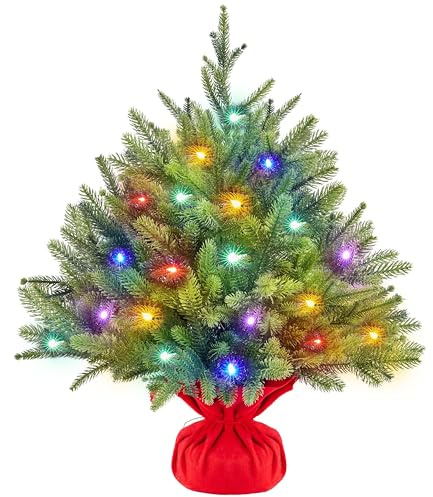 Yaheetech 61 cm Mini künstlicher Weihnachtsbaum inkl. 35 Mehrfarbigen LED | mit 8 verschiedenen Lichtmodi & 62 PE Spitzen Entflammbar, Tischplatte Tannenbaum Christbaum Klein für Weihnachtsdeko, Grün