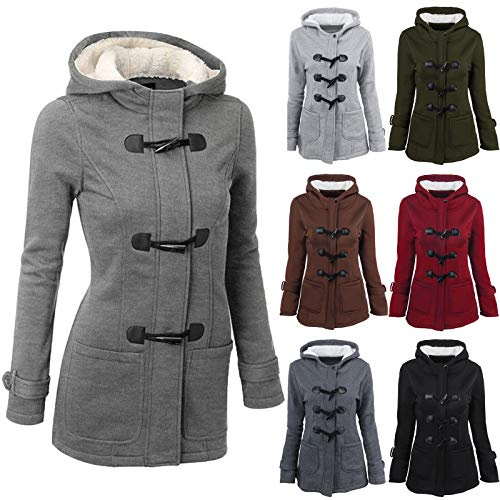 Dufflecoat Damen Warm Winterjacke Wollmantel mit Kapuze Fleece Mantel Casual Übergangsjacke Knöpfe Wintermantel Einfarbig Trenchcoat Slim Fit Jacke Duffle Coat Baumwolle Kapuzenjacke Große Größen