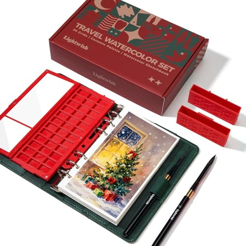 LIGHTWISH Aquarellbuch Set Reise Skizzenbuch, 36-teilige Keramik Palette & 2 Pinsel - 17x9,9 cm Aquarellblock aus 100% Baumwolle Kaltgepresst - Komplettset für Künstler, Malerei unterwegs & Outdoor