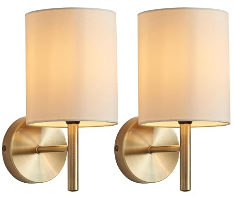 National Lighting Tatum Decorative Contemporary Antique Brass E14 LED Compatible Wall Light with a Cream Fabric Drum Shade - 2 Pack