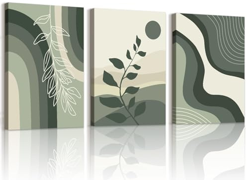 WENGTIAO 3 Stück Boho Abstrakte Geometrische Leinwand Bilder Kunstdrucke | Dunkelgrün Minimalistisch Botanische Gemälde auf Leinwand für Modern Wanddeko Wohnzimmer Schlafzimmer 30x40cmx3