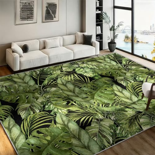 WAOTMN Jungle Monstera Washable Rug,80x150cm,Nature Plant Green Carpet,No Crease Foldable Easy Clean,Tropical Palm Leaf Bedroom Area Rug for Living Room Doorway Kitchen