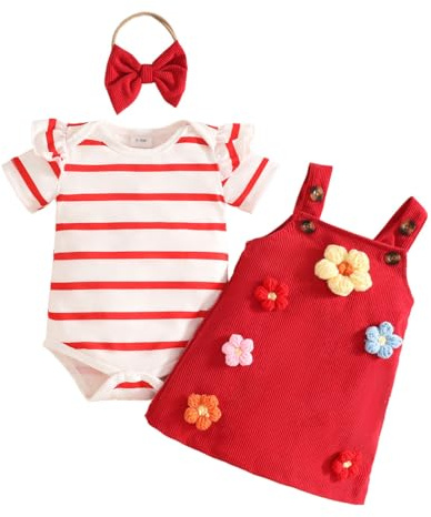 JENJON Conjunto Falda con Tirantes para Niña Recién Nacida camisetas de manga corta con cuello redondo liso y bordado lazo/flores 2 Piezas verano Ropa
