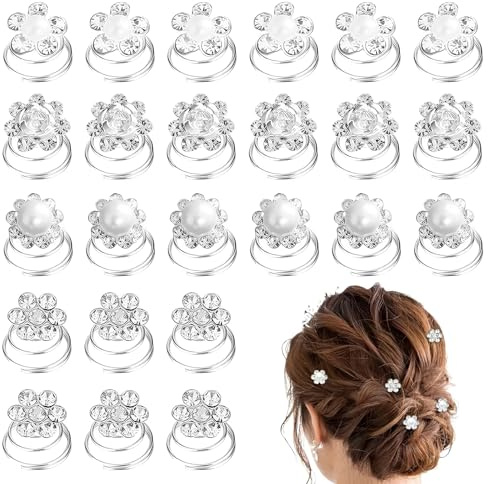 24 Pcs Accessoire Cheveux Mariage, Pince Cheveux Mariage en Spirale Argenté, Bijoux Cheveux Mariage avec Strass et Perles, Épingles à Cheveux Twists pour Femme et Mariée, 4 Tailles Assorties