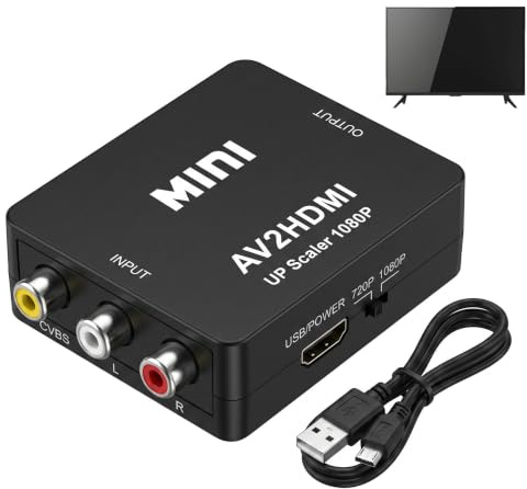 Rqkagf Convertitore da RCA a HDMI 1080P/720P, adattatore AV composito a HDMI con cavo di alimentazione USB, compatibile PS2 Wii VHS DVD Snes TV, supporto PAL NTSC, per monitor HDTV proiettore