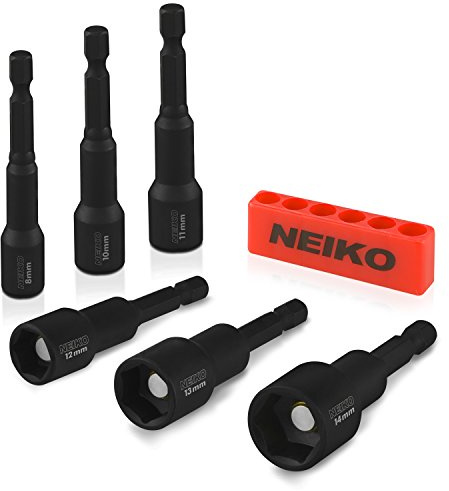 NEIKO 10191A - Juego de destornilladores de tuerca magnética, juego de 6 destornilladores de tuerca de impacto, MM, 8 a 14 mm, juego de brocas de tuerca de 2-9/16 pulgadas de largo para taladro de