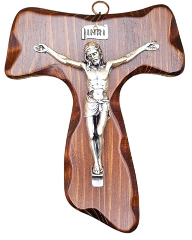 La Balestra Cruz Tau de pared – Artesanal Made in Italy Cristo e INRI bañados en plata 999 – Crucifijos de pared de madera, cuidado y precisión de los detalles de Jesús crucificado – 15 x 12 cm