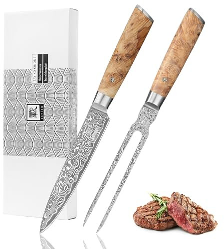 zayiko Kinone Premium 2er Tranchier-Set mit 17-18 cm Klingen gefertigt aus 67 Lagen echtem Damaststahl mit Wurzelholzgriffe Birke I Damastmesser Küchenmesser und Profi Kochmesser
