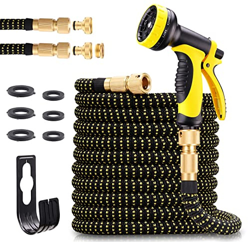 Flexibler Gartenschlauch 15m mit 10 Funktion, Flexi Schlauch Wasserschlauch Verschleißfreie Messinganschlüsse und Metallbrause mit 3/4 Zoll & 1/2 Zoll Adapter für Garten, Haustier und Autowäsche