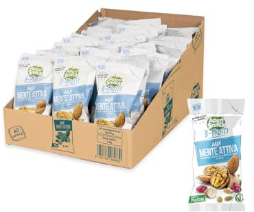 Aperisnack B-Fruit - AP13.041.12 - Box Mix Mente Attiva - Mandorle, Mirtilli Rossi, Noci e Semi di Zucca. Frutta Secca 100% Naturale - 40 Pacchetti Monodose da 25 g