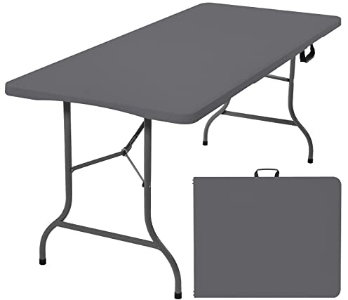 Rainberg 6ft Heavy Duty Plastic Folding Table for Picnic, Camping, Garden, Outdoor Dining, BBQ (Grey, 180cm x 75cm)